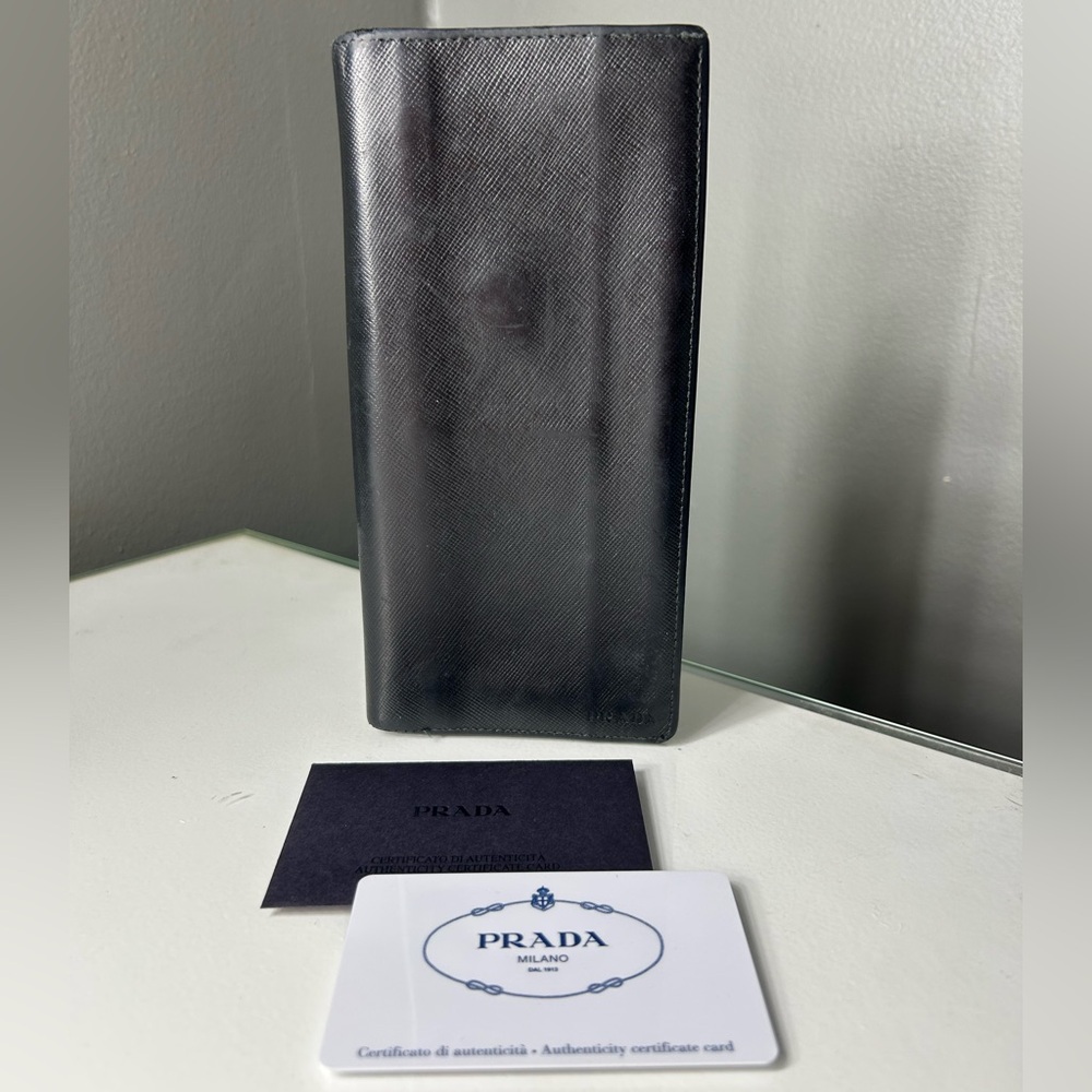 Vintage Prada Black Saffiano Leather Flap Wallet w COA